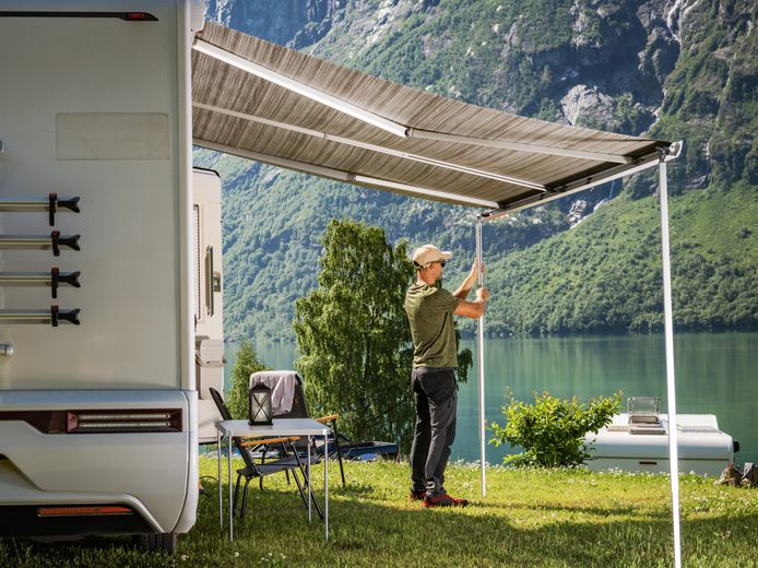 RV awning
						being repaired