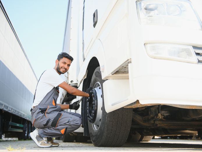 RV wheels
						being changed